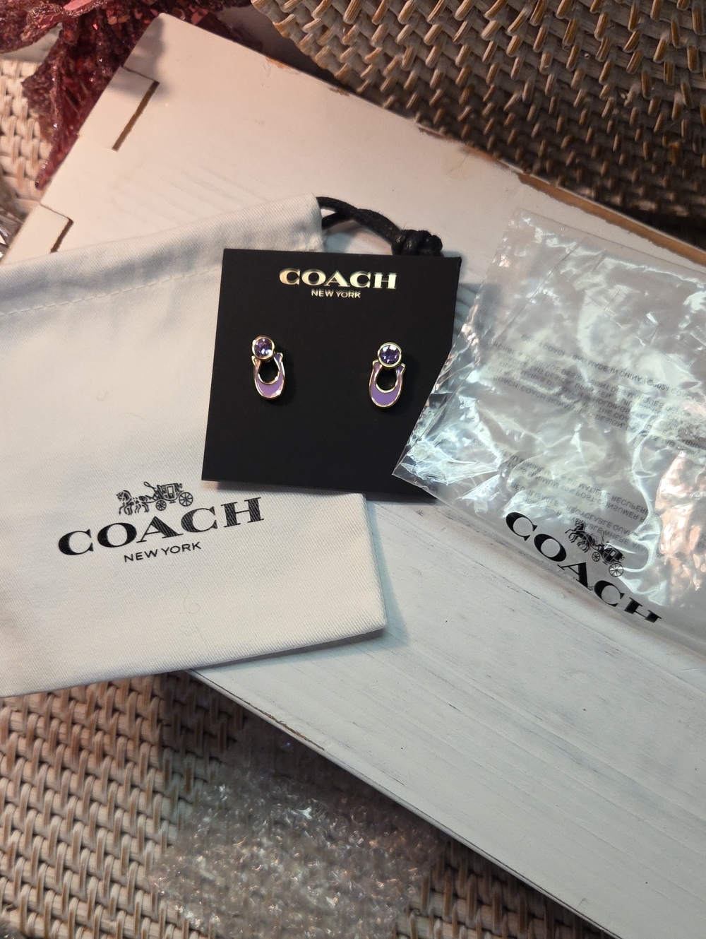 Coach Lilac Enamel and Crystal Signature Stud Earrings With Dusty And Box